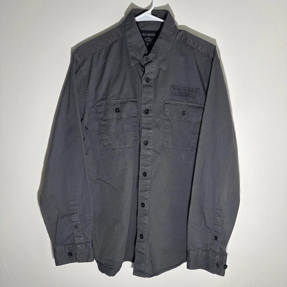 Harley Davidson Men's Steel Blue/Gray Stencil Long Sleeved Shirt Milwaukee, WI L